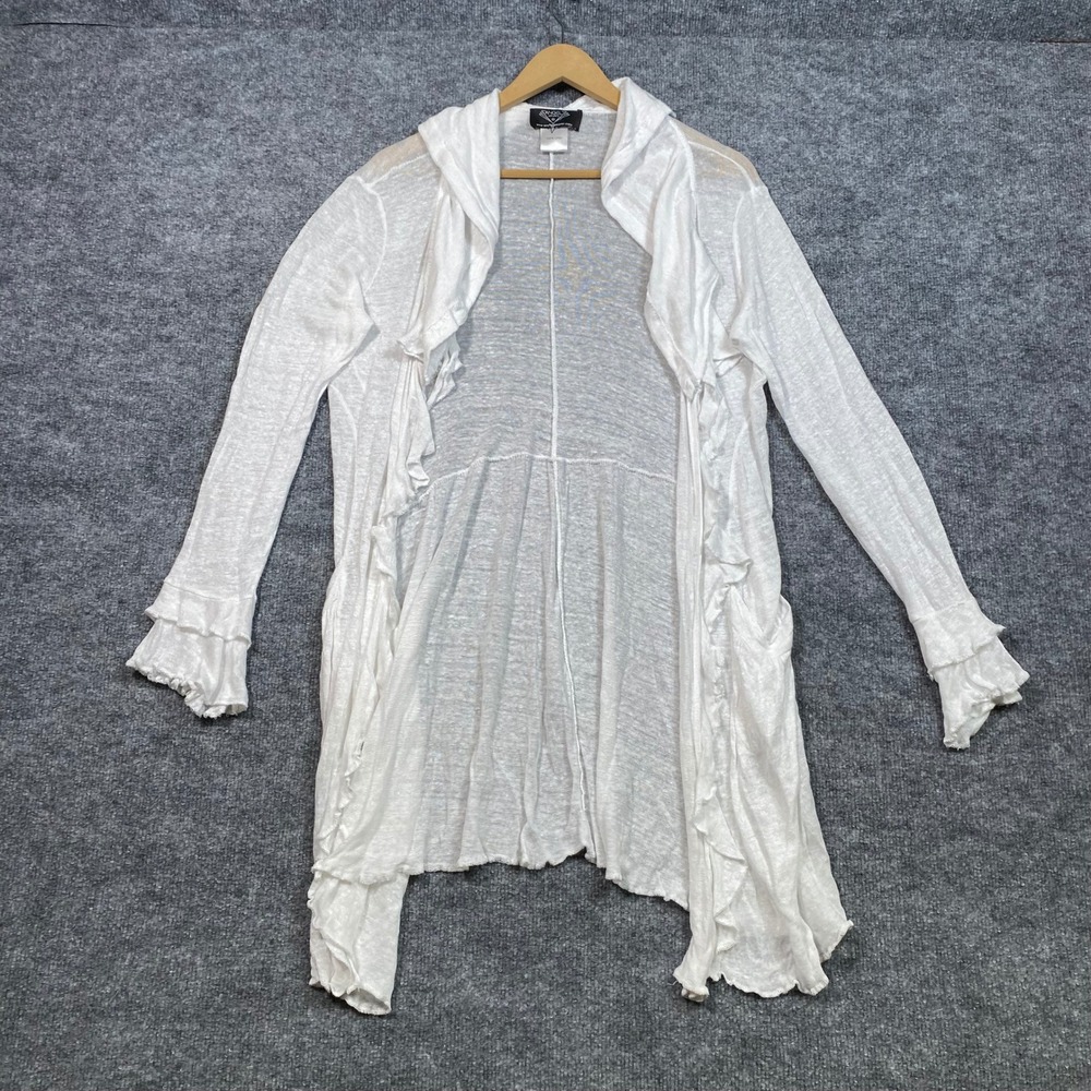 Angel Apparel White 100% Linen Ruffle Hooded Cardigan Duster Lightweight Small